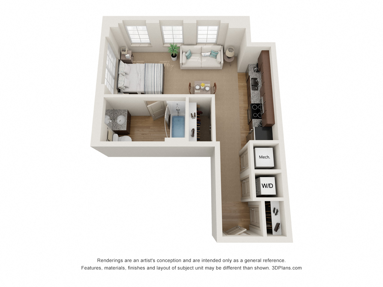 Floor plan for studio, 1 bath, 517 sqft